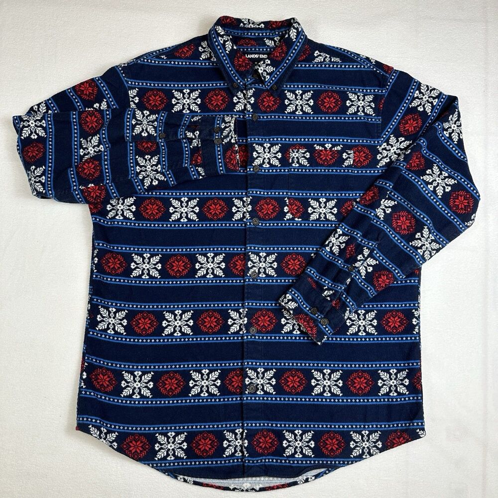 Lands' End Men's M Traditional Fit Blue Red Snowflake Fair Isle Flannel Shirt